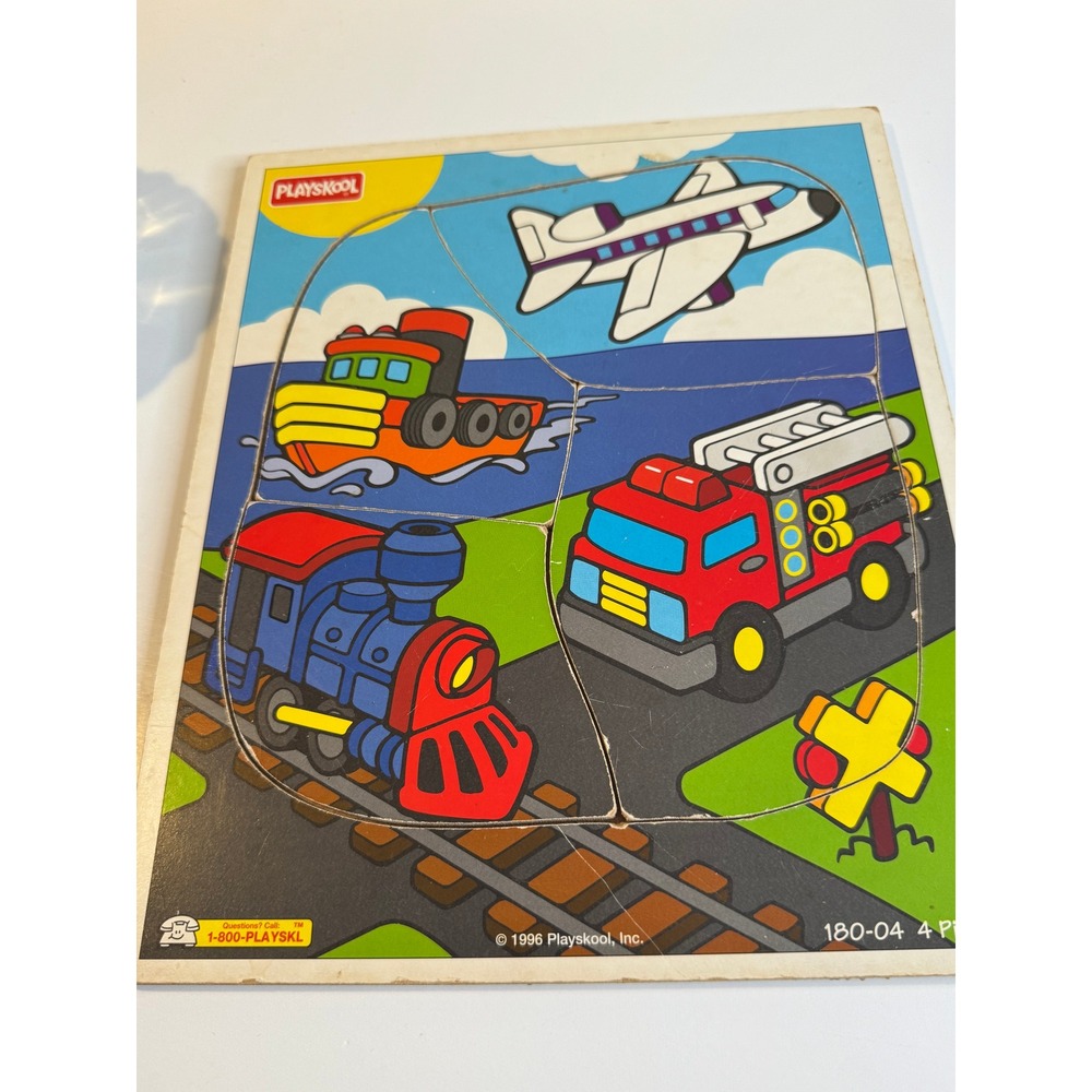 VTG 1996 Playskool Wooden Transportation‎ Puzzle 4 Piece Train Plane Fire Truck